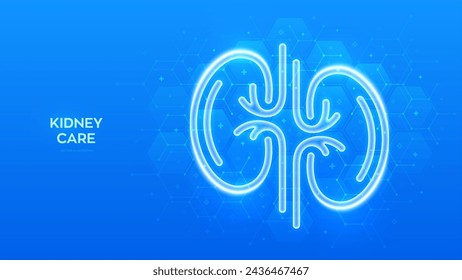 Kidney care. Kidneys icon. World kidney day. Treatment of kidneys diseases. Urology, nephrology clinic medical banner. Molecular structure. Blue medical background with hexagons. Vector illustration.