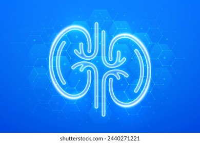 Kidney care. Kidneys icon. World kidney day. Treatment of kidneys diseases. Urology, nephrology clinic medical banner. Molecular structure. Blue medical background with hexagons. Vector illustration.