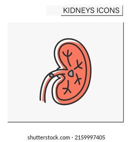 Kidney Color Icon. Unhealthy Internal Organ.Kidney Stones. Renal Calculi, Nephrolithiasis Or Urolithiasis. Healthcare Concept.Isolated Vector Illustration