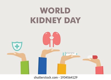 Kidney concept: Hands holding kidney, pill, syringe and shield with World Kidney Day text
