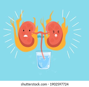 Kidney Disease Concept. Dehydration,impaired Filtration.Cute Kawaii Human Organ Is Suffered In Fire.Nephrology.Pyelonephritis And Renal Failure Illness.Cystitis,stone Chronic Illness.Vector.Drink More