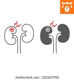 Línea de enfermedad renal e icono sólido, icono de estilo de contorno para sitio web o aplicación móvil, pielonefritis y glomerulonefritis, icono vectorial de fallo renal, ilustración vectorial simple, gráficos vectoriales.