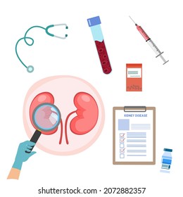 Riñón con elementos del tubo de análisis de sangre, jeringa, medicamento, vial, ampule, estetoscopio y vidrio de aumento 
