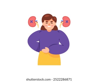 conceito de insuficiência renal. ilustração de uma mulher olhando com dor ou desconforto. mulher doente com insuficiência renal. dor de estômago. problema de saúde. expressão facial de pessoas. design de personagem de estilo plano