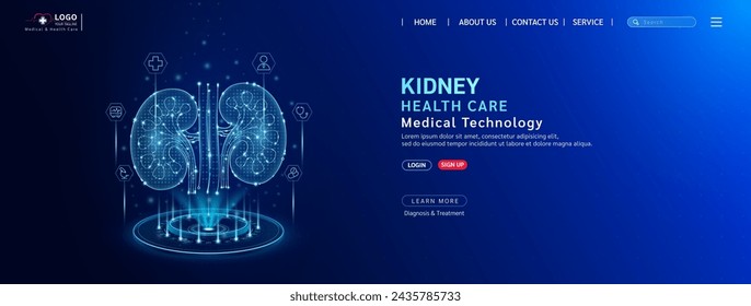 Kidney health care. Diagnose disease with technology artificial intelligence. Medical website template layout design. Banner for medical ads online social media. Science medicine business. Vector.