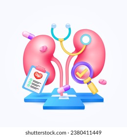 Kidney health care with doctor. Document form board and stethoscope, pills with check mark in magnifying glass looking diagnosis floating on cross medical symbols. 3d cartoon icon organ vector.