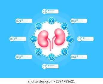 Infografía sobre la atención de la salud en el riñón, con cronograma de presentación, pasos de la investigación médica. Y estetoscopio, jeringa, salino, droga, ambulancia, doctor. Iconos de estilo en el fondo azul. Ilustración vectorial.