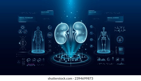 Kidney health care technology with scan virtual interface hologram style. X ray and MRT human body examination. Medical diagnostic with HUD, UI, GUI. Analysis in futuristic laboratory. Vector EPS10.