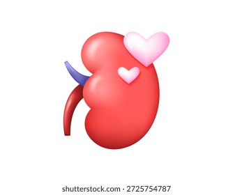 Conceito de saúde renal. Ilustração vetorial 3D de um rim saudável com um símbolo de coração rosa. Consciência sobre a manutenção da saúde renal. Design de estilo 3D. Fundo branco.