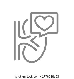 Kidney with heart in chat bubble line icon. Healthy organ for filtering blood symbol