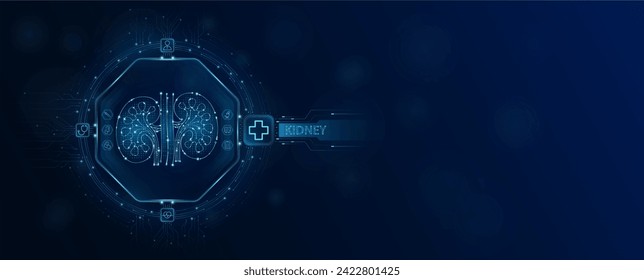 Kidney human chip in electronic circuit board microchip processor technology medical. Innovative health care information processing of digital hi tech future. Empty space for text. Banner vector.