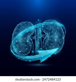 Niere menschliche Organ Anatomie in Form Polygon Low Poly umgeben von Pfeilen auf dunkelblauem Hintergrund. Verwendet für Design medizinische Wissenschaft Anzeigen. Vektorgrafik EPS10 Abbildung.