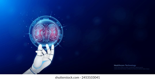 Niere menschliches Organ innerhalb der Hexagon Kugel transparent und medizinische Ikone auf Arzt Assistant Roboter Hand. Innovationen in der Gesundheitstechnologie. Medizinischer Banner mit leerem Textbereich. Vektorgrafik EPS10.