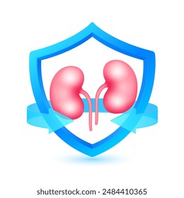 Kidney human in shield surrounded by blue arrow. Protection symbol health care. Medical science concept. Organ model cartoon style 3d isolated on white background. Vector EPS 10.