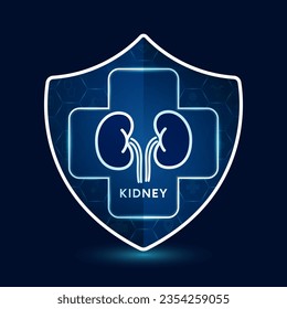 Kidney icon inside shield with medical sign symbol cross futuristic. Medical health care innovation immunity protection. On dark blue background. Human lungs organ simple flat outline vector.