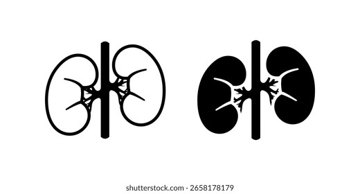 Conjunto de iconos de riñón. Ilustración en blanco y negro de los riñones humanos, mostrando la estructura del órgano. Representa un diseño simple adecuado para contextos médicos, educativos o científicos.
