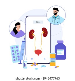 Kidney logo vector illustration. Online clinic application for phone. Consultation with doctor. Human internal organ medical examination. Diagnosis of kidney diseases, cancer, polycystic and treatment