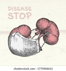 Kidney with medical mask Diary page Realistic hand-drawn human internal organs. Engraving art. Sketch style. Design concept for medical posters, notebook Text stop disease Vector illustration