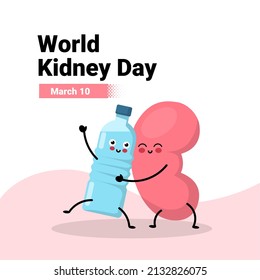 Kidney and mineral water cartoon character vector illustration, as World Kidney Day Poster Or Banner Background.