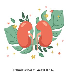 Kidney organ. Composition of buds on the background of leaves. Vector illustration
