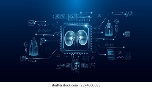 Kidney organ human in microchip processor circuit board. HUD interface hologram. Innovative health care analysis of AI technology digital hi tech. Modern treatment future medicine. Vector.