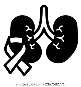 Icono sólido de órgano renal y cinta adhesiva, concepto del Día Mundial del Cáncer, Signo del Sistema Urinario y de la cinta cancerosa sobre fondo blanco, Icono de cáncer de riñón en estilo glifo para móvil y web. Gráficos vectoriales