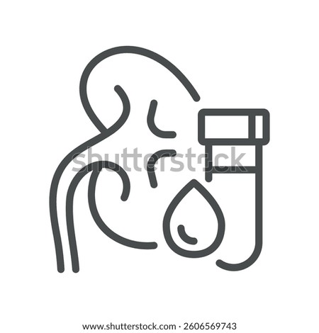 Kidney Panel Blood Test Icon. Outline Vector of Kidney and Blood Tube, Representing Renal Health, Urology, Creatinine, GFR, and Metabolic Function Diagnostics.