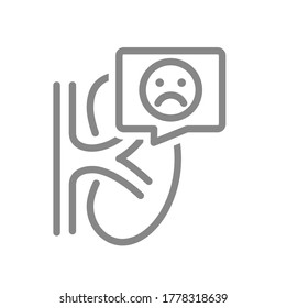 Kidney with sad face in chat bubble line icon. Disease organ for filtering blood symbol