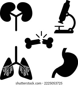Juego de íconos médicos para riñones, estomacales, pulmón, microscopio y óseos rotos
