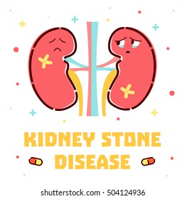 Kidney Stone Disease Awareness Poster With Sad Cartoon Kidneys Character On White Background. Renal Stones. Human Body Organs Anatomy Icon. Medical Concept. Vector Illustration.