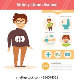 Enfermedad de la piedra renal. Infografía.Vector. Caricatura. Aislado. Plano. Ilustración de sitios web, folletos y revistas.Medicina