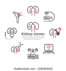 Kidney Stones Banner. Symptoms, Treatment. Line Icons Set. Vector Signs For Web Graphics.