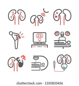 Kidney Stones. Symptoms, Treatment. Line Icons Set. Vector Signs For Web Graphics.