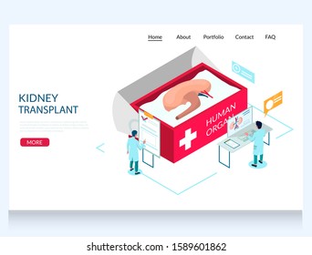 Kidney Transplant Vector Website Template, Web Page And Landing Page Design For Website And Mobile Site Development. Human Organ Donation Isometric Composition With Donor Kidney In Box And Doctors.