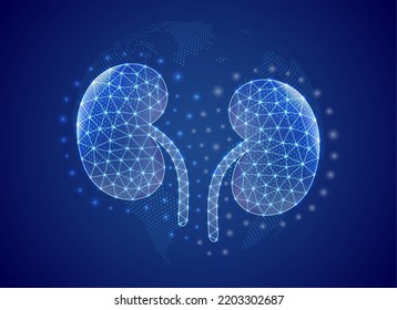 Kidneys 3d low poly symbol with blue world map background. Urinary concept design illustration. Organ anatomy polygonal symbol with connected dots