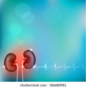 Kidneys bright blue abstract background. Kidneys and heart rate monitoring line.