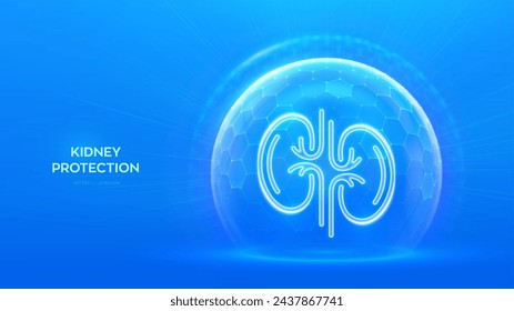 Kidneys care. Healthy kidneys medical concept. Human kidney anatomy organ icon inside protection dome sphere shield with hexagon pattern on blue background. Immunity protection. Vector illustration.