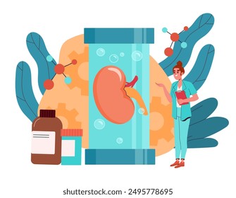 Kidneys donation concept. Woman in medical uniform near test tube with internal organ. Generosity and volunteering, charity. Transplantation of organs. Flat vector illustration