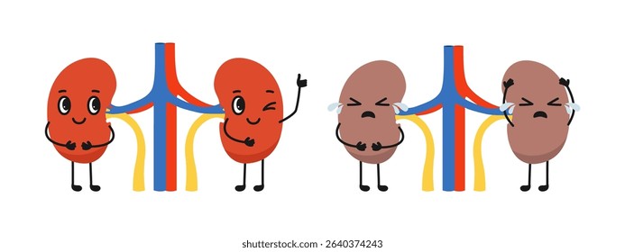 Kidneys healthy and unhealthy cartoon childish illustration. Happy kidney giving thumbs up and sad sick body organ anatomy character. Check health internal organ care poster, vector comic poster