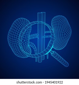 Kidneys human anatomy internal organ with magnifying glass. Medicine science technology concept. Wireframe low poly mesh vector illustration