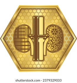 Kidneys, Nephrology, Hematology, Renal Function, Human Organ Biomedical Engineering Cybernetic Robotic Circuit Board Nanotechnology Icon Logo Button Design Golden Hexagon On White Background