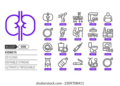 Kidneys related, pixel perfect, editable stroke, up scalable, line, vector bloop icon set.