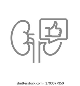 Kidneys with thumb up in speech bubble line icon. Healthy organ for filtering blood symbol
