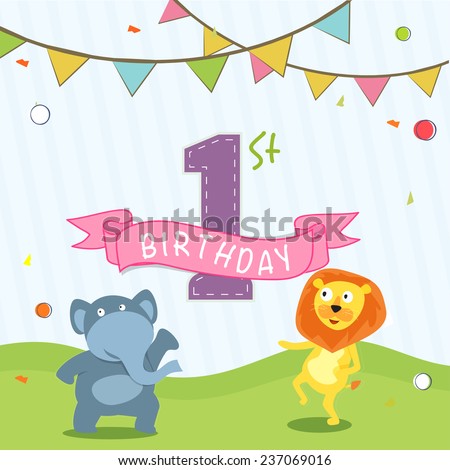 Kids 1st Birthday celebration Invitation card design with party flag and cartoon of animals.