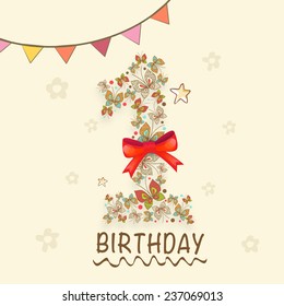 Kids 1st Birthday Greeting Card Or Invitation Card Design With Beautiful Decoration.