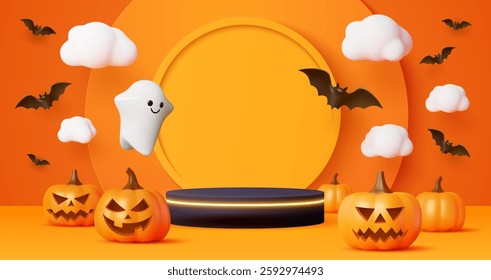 Kids 3d Halloween podium. Festive scene with playful ghost, pumpkins, bats, and clouds. Vector holiday orange studio background capturing the fun and spooky vibe for celebrations and seasonal parties