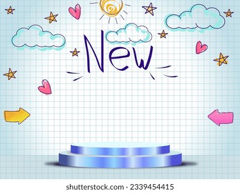 Kids 3d Podium background for new product cylinder for marketing, inspiration minimal children stage showcase elements, clouds