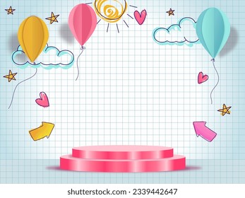 Kids 3d Podium background product cylinder for marketing, inspiration minimal children stage showcase elements, clouds and air balloons 