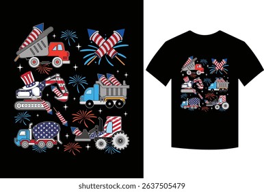 Kids 4th July Construction Trucks Vehicle Patriot Boy Kid Toddler T-Shirt, Kids 4th Of July Shirts For Boys Toddler Gifts, kids, 4th july