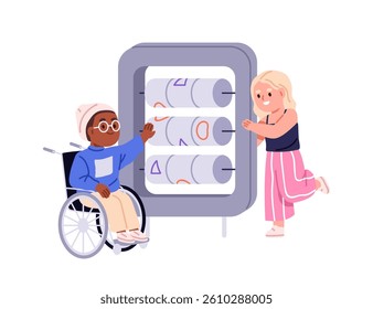 Kids with abacus toy, playground equipment. Happy children, boy in wheelchair and girl, kindergarten friends fun, communication, entertainment. Flat vector illustration isolated on white background.